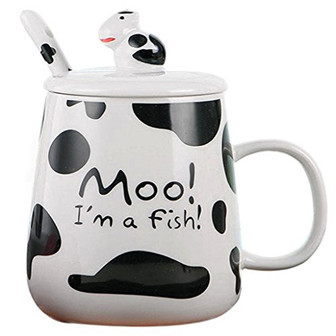 Cute Cow Pattern Ceramic Coffee Mug with Lid and Spoon | Rusticozy UK