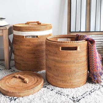 Large Rattan Wicker Storage Baskets with Lid for Bathroom | Rusticozy CA