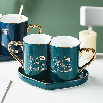 Modern Ceramic Couple Mugs with Heart Saucer Gift Set | Rusticozy UK