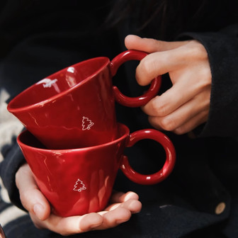 Red Ceramic Coffee Mugs Set – Handmade Festive Christmas Gift | Rusticozy CA