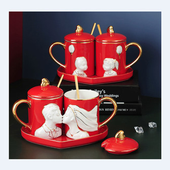 Red Ceramic Couple Mug Set for Wedding Gift with Heart Saucer | Rusticozy CA