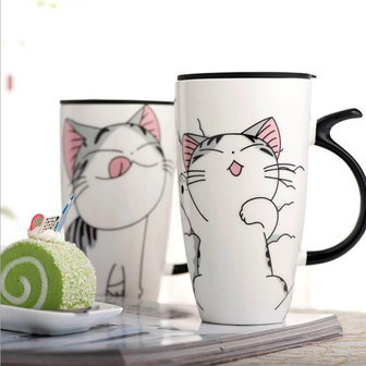 Tall Ceramic Cat Mug with Tail Handle and Silicon Lid | Rusticozy UK