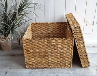 Vintage Square Water Hyacinth Wicker Basket for Coastal Decor | Rusticozy