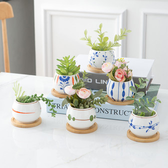 Ceramic Succulent Planter Set of 3 with Bamboo Tray - 2.4 Inch | Rusticozy