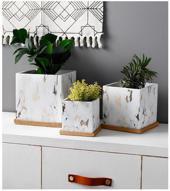 Gold and White Square Ceramic Plant Pot with Marble Effect | Rusticozy UK