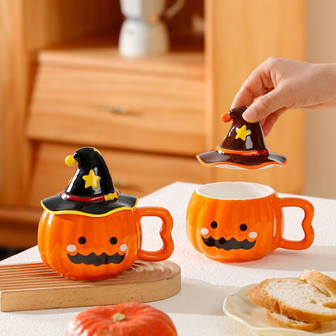 Halloween Ceramic Mug with Lid for Girls Occasion Gift | Pumpkin Shaped | Rusticozy