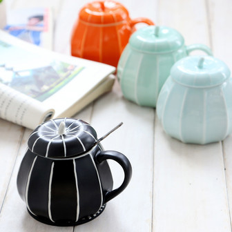 Kawaii Pumpkin Ceramic Mug With Lid | Orange, Black and Mint Mug | Perfect for Farmhouse Style | Rusticozy