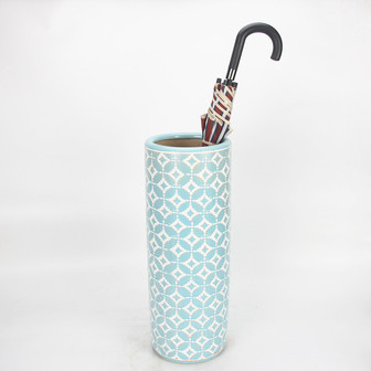 Light Blue Scroll Ceramic Umbrella Vase Holder - 24.5 Inch Tall | Rusticozy
