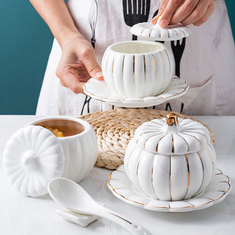 Pumpkin Ceramic Soup Mugs with Lids For Kitchen, Daily Use | Rusticozy UK