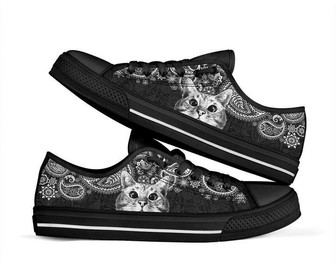 Chaussures basses noires et blanches motif cachemire chat - Cadeauxyz