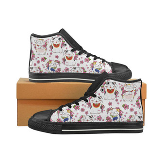 Meneki Neko Lucky Cat Sakura Flower Pattern Women's High Top Shoes Blackを日本語に訳すと、「招き猫ラッキーキャット桜花柄女性用ハイトップシューズブラック」です。 - Kawaiitshirt