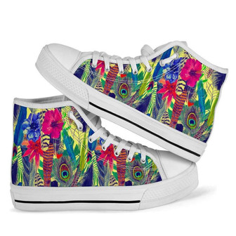 孔雀の羽の花柄の男女兼用ハイトップシューズ - Kawaiitshirt