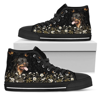 Rottweiler Flower High Top 女性用シューズ、男性用カスタムシューズ - Kawaiitshirt