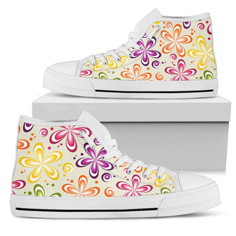 フラワーパワーカラフルデザインプリント女性用ハイトップシューズ - Kawaiitshirt