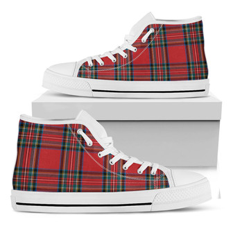 Stewart Tartan Scottish Pattern Print White High Top Shoes: スチュワートタータンスコットランドパターンプリントホワイトハイトップシューズ - Kawaiitshirt