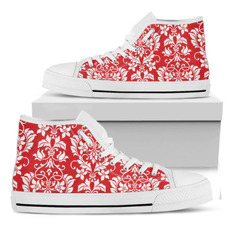 赤と白のダマスクパターンプリントの白いハイトップシューズ - Kawaiitshirt
