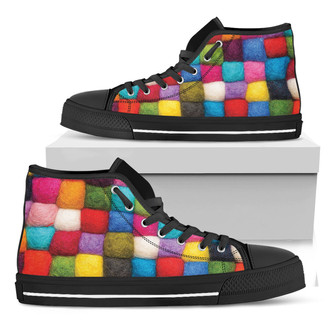 カラフルな毛糸のボールプリント黒ハイトップシューズ - Kawaiitshirt