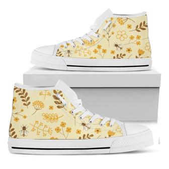 花と蜂の模様がプリントされた白いハイトップシューズ - Kawaiitshirt