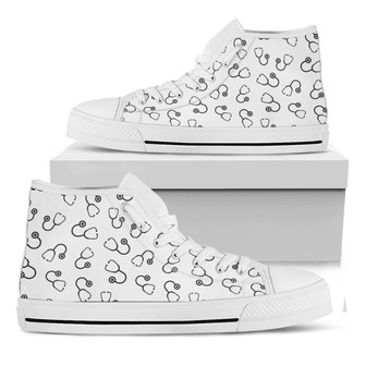 Stethoscope Sign Pattern Print White High Top Shoes: ステソスコープサインパターンプリントホワイトハイトップシューズ - Kawaiitshirt