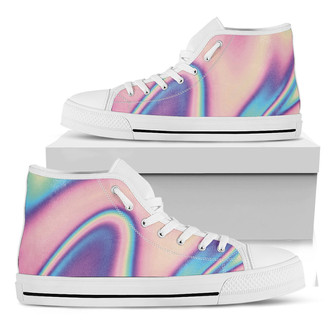 ピンクとティールのホログラフィックプリント白いハイトップシューズ - Kawaiitshirt