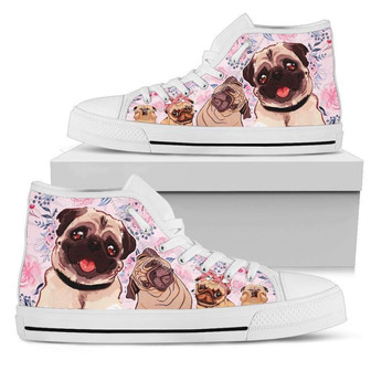 女性用の面白い顔のパグのハイトップシューズ - Kawaiitshirt