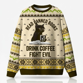 Banned Books Black Cat Ugly Christmas Sweater | Seseable CA