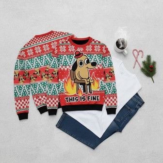 This Is Fine Meme Ugly Christmas Sweater | Seseable CA