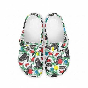 Christmas Clogs With Cat Motif – Fun Slippers For Women & Girls – Black Cat With a Santa Hat – Comfortable Garden Shoes - Monsterry