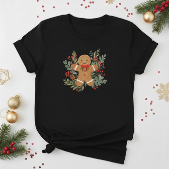 Embroidered Gingerbread Man with Festive Flowers Unisex T-shirt - Thegiftio UK