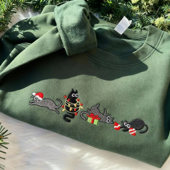 Black Cat Christmas Embroidered Sweater - Monsterry
