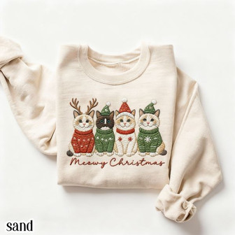 Cat Christmas Embroidered Sweatshirt Meowy Christmas Santa Hat Cat Sweater Happy Holiday Ragdoll Kitty Cat Pullover Cat Lover Christmas Crewneck Gift - Monsterry