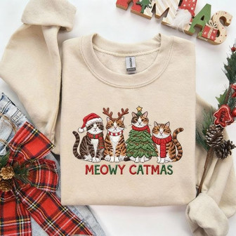 Cat Christmas Embroidered Sweatshirt - Monsterry