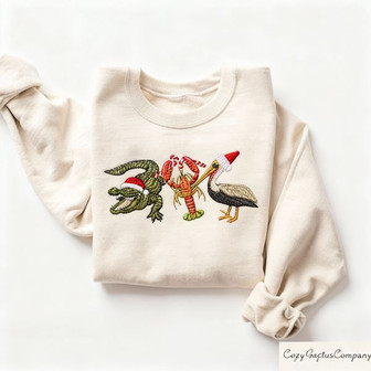 Christmas Alligator Pelican Crawfish Embroidered Sweatshirt - Monsterry
