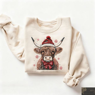 Christmas Highland Cow Embroidered Sweatshirt - Monsterry