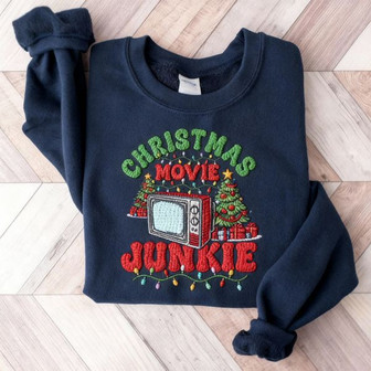 Christmas Movie Junkie Embroidered Sweatshirt - Monsterry