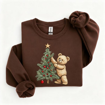 Christmas Tree And Bear Embroidered Sweatshirt - Monsterry