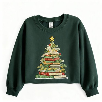 Christmas Tree Books Embroidered Sweatshirt - Monsterry