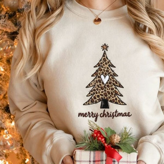 Christmas Tree Leopard Embroidered Sweatshirt - Monsterry
