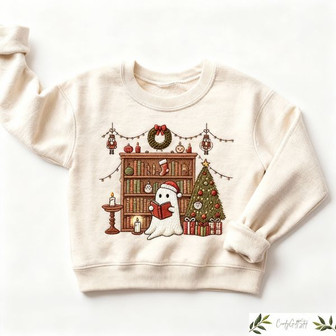 Cute Ghost Reading Book Christmas Embroidered Sweatshirt - Monsterry