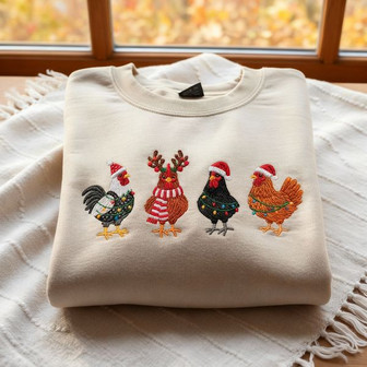 Embroidered Christmas Chickens Embroidered Sweatshirt - Monsterry