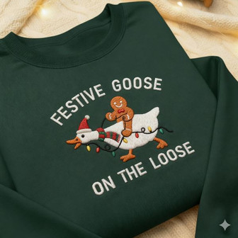 Embroidered Festive Goose On The Loose Funny Christmas Shirt - Monsterry