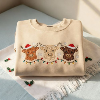 Embroidered Highland Cow Christmas Embroidered Sweatshirt - Monsterry