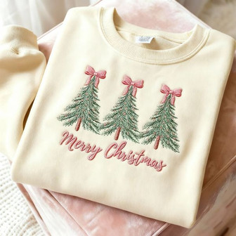 Embroidered Merry Christmas Tree Embroidered Sweatshirt - Monsterry