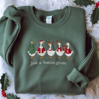 Festive Goose Christmas Embroidered Embroidered Sweatshirt - Monsterry