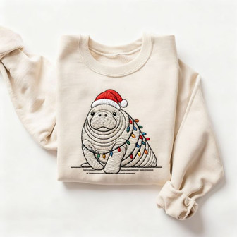 Festive Manatee Christmas Embroidered Sweatshirt - Monsterry