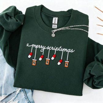Funny Pharmacy Christmas Embroidered Sweatshirt Merry Scriptsmas Festive Holiday Crewneck - Monsterry