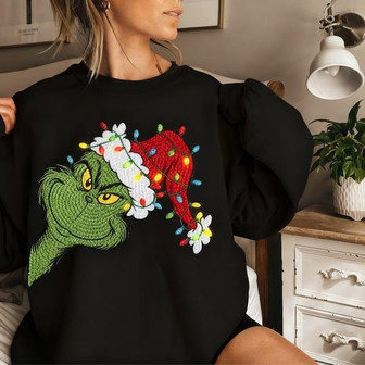 Grinch Christmas Lights Embroidered Sweatshirt - Monsterry