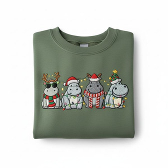 Hippopotamus Christmas Embroidered Sweatshirt - Monsterry