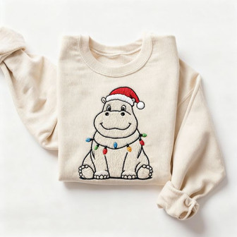 Hippopotamus Christmas Embroidered Sweatshirt - Monsterry