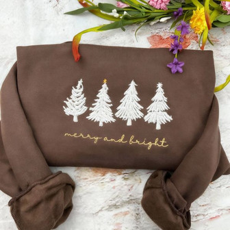 Merry & Bright Christmas Tree Embroidered Crewneck Embroidered Sweatshirt - 4 Christmas Trees - Monsterry